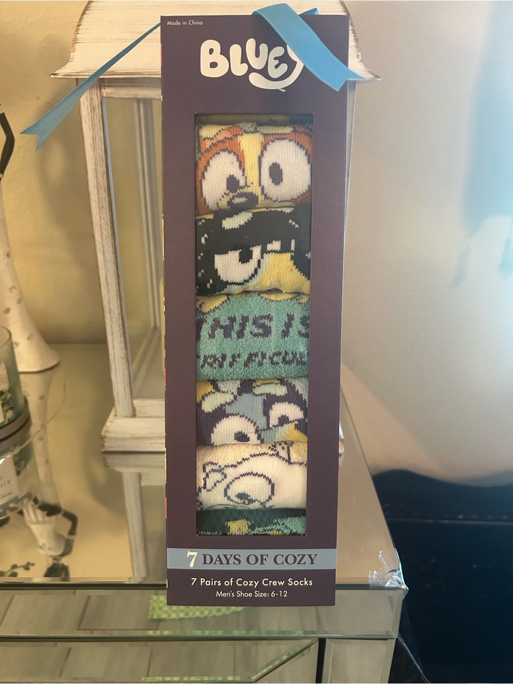 Blue 7-Pack Cozy Crew Socks for Men - Cartoon Bluey Design